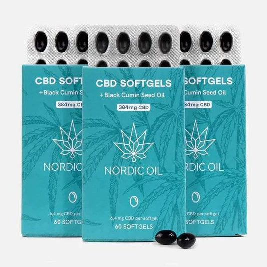 Packung mit 3x60 Nordic Oil CBD Kapseln (384 mg) auf weißem Hintergrund