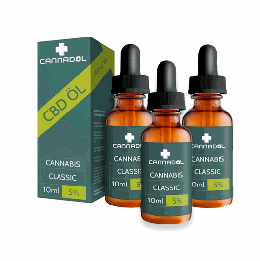 3-pack of Cannadol CBD Öl 5% 500mg in 10ml UV-resistant glass bottles with pipettes