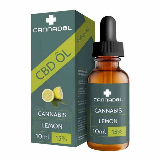 Cannadol Lemon CBD Öl Vollspektrum 15% Flasche mit Pipette und Zitronenaroma