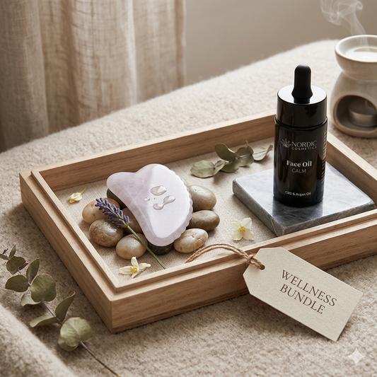 Wellness Set – Gua Sha Rosenquarz mit Zähnchen & CBD Gesichtsöl CALM (300mg)