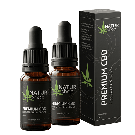 Zwei Flaschen Natur-Shop Premium CBD-Öl 10% Bio-Vollspektrum Vorteilspack mit 1000mg CBD pro 10ml