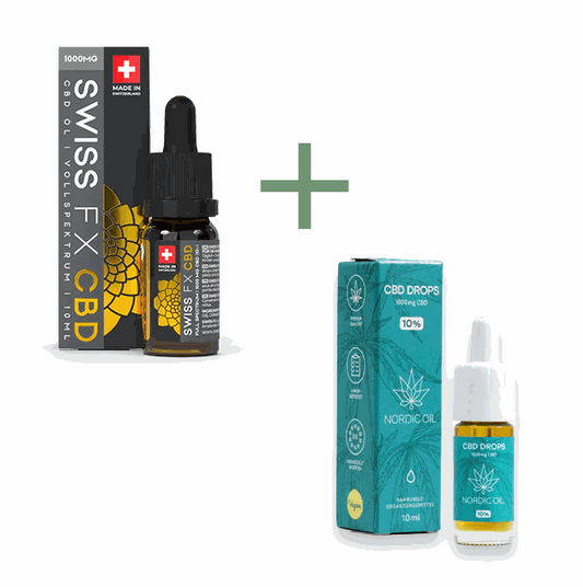 Probierset mit Nordic Oil Plus 10% CBD Öl und Swiss FX Vollspektrum 10% CBD Öl in 10ml Flaschen, vegan und laborgeprüft