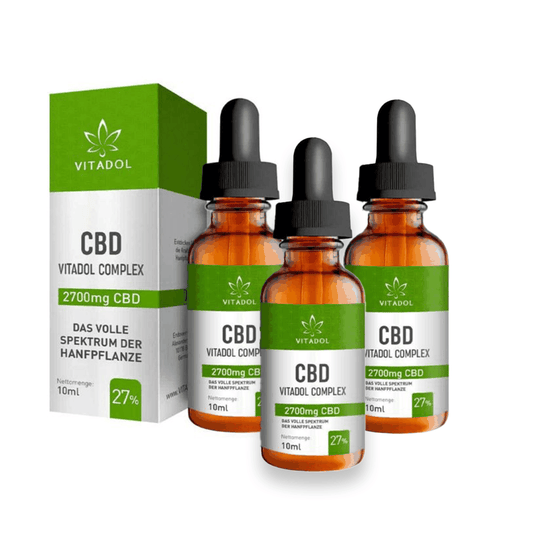 3X Vitadol Complex CBD-Öl 27% Vorteilspack mit drei 10ml Bio-Vollspektrum Flaschen und Pipetten