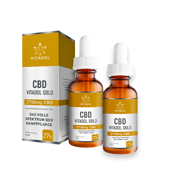 2x vitadol-gold-27-cbd-ol-10ml-flasche premium full-spectrum CBD oil bottles with 27% concentration and bio hemp seed oil