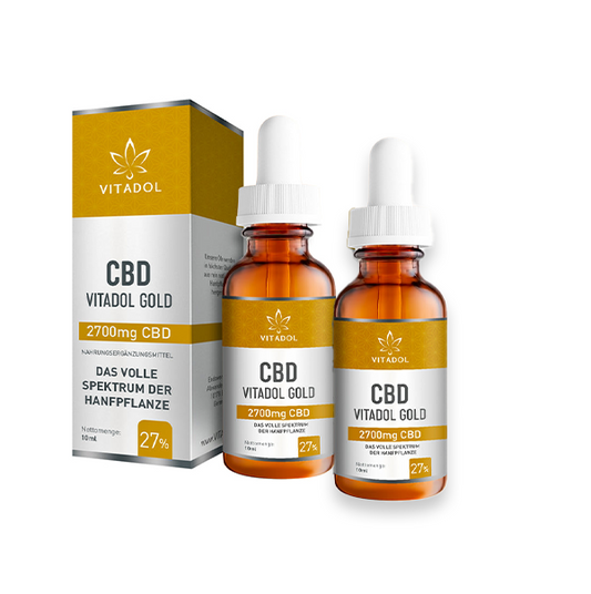 2x vitadol-gold-27-cbd-ol-10ml-flasche premium full-spectrum CBD oil bottles with 27% concentration and bio hemp seed oil