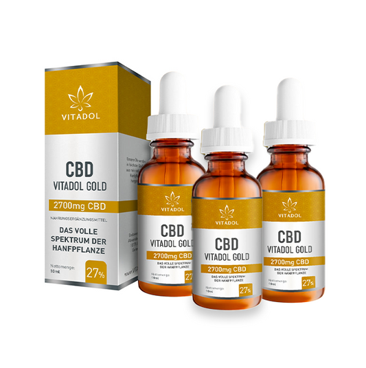 3x vitadol gold 27% CBD Öl 10ml Flasche hochdosiert Bio Vollspektrum Hanfextrakt THC-frei veganes CBD Öl Packung
