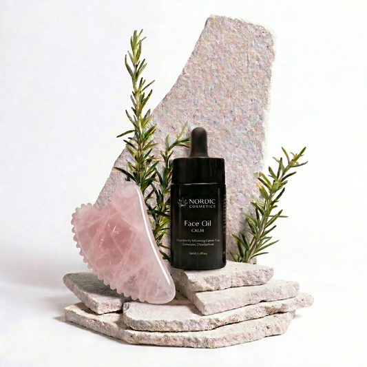 Wellness Set – Gua Sha Rosenquarz mit Zähnchen & CBD Gesichtsöl CALM (300mg)