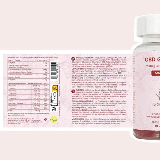 CBD Fruchtgummis 900mg Erdbeere mit intensiv fruchtigem Geschmack und präziser Dosierung
