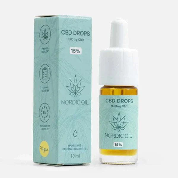Nordic Öl CBD Öl Plus 15% 1500mg in 10ml Flasche mit veganem Vollspektrum Hanfextrakt und MCT Öl