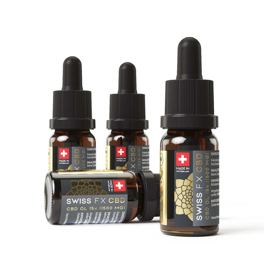 Vier Flaschen Swiss FX Öl 15% CBD Vollspektrum in 10ml Braunflaschen mit Tropfer, Schweizer Premium Qualität