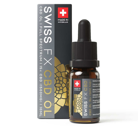 Swiss FX Öl 15% Vollspektrum CBD Öl 10ml Made in Switzerland in amber dropper bottle with packaging