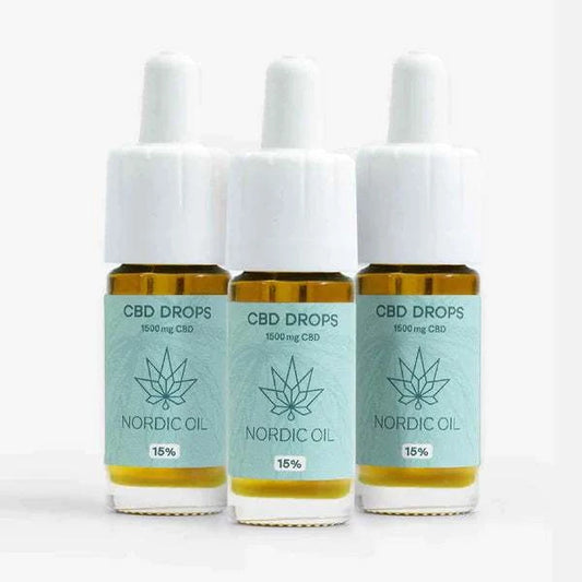 Three 10ml bottles of Nordic Öl CBD Öl Plus 15% with 1500mg CBD on blue labels