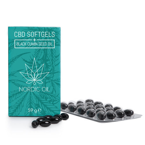 Nordic Oil CBD Kapseln 384 mg Packung mit schwarzen CBD Softgels und Schwarzkümmelöl