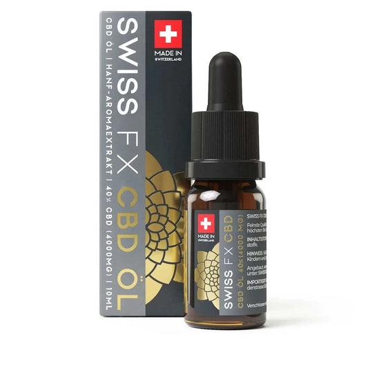Swiss FX Öl 40% CBD Vollspektrum Öl 10ml Made in Switzerland with 4000mg CBD in dark dropper bottle and box