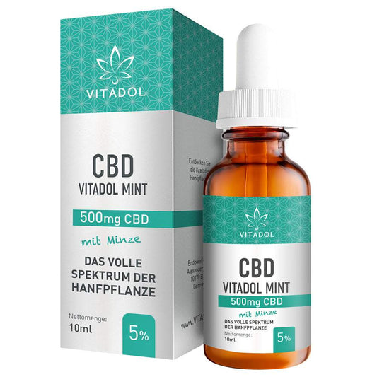 VITADOL Mint 5% Bio vegan 10ml CBD Öl mit Minzgeschmack und 500mg CBD in brauner Pipettenflasche neben Verpackung