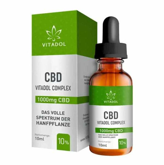 VITADOL COMPLEX 10% CBD oil 10ml bottle with green and white packaging showing 1000mg full hemp spectrum cannabidiol content