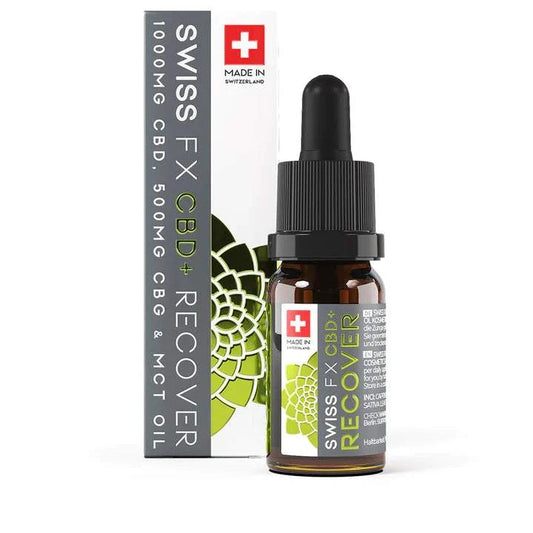 Swiss FX CBD Öl Recover 10% 10ml bottle with packaging showing 1000mg CBD, 500mg CBG, and MCT oil, made in Switzerland.
