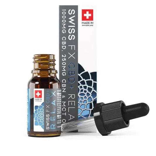 Swiss FX CBD Öl RELAX 10% 10ml Flasche mit Pipette, dunkelgrünes Öl, hergestellt in der Schweiz, vegan und glutenfrei