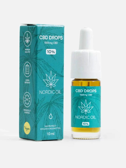 CBD Öl Probierset Nordic Oil Plus 10% mit 10ml Tropfflasche und Verpackung