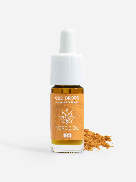 Nordic Oil CBD Öl 15% mit Kurkumin und Piperin 10ml Glasflasche mit Pipette und Kurkumapulver