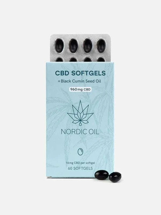 Nordic Oil CBD Kapseln 960mg mit Schwarzkümmelöl 60 Softgels Verpackung und Kapseln