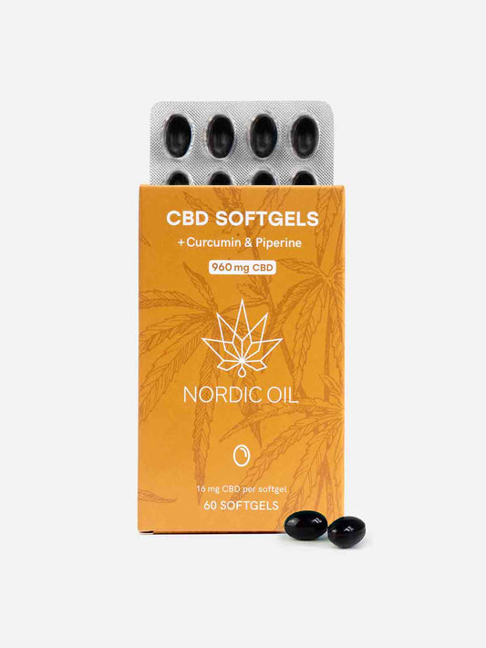 Nordic Oil CBD Kapseln mit Kurkumin und Piperin 960mg, 60 Softgels Verpackung mit schwarzen Kapseln