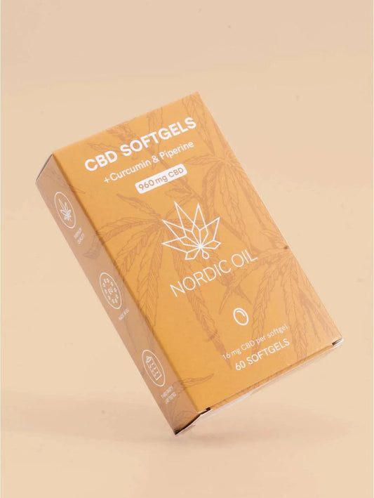 Packung Nordic Oil CBD Kapseln mit Kurkumin und Piperin 960 mg, 60 Stück, gelbe Softgel-Kapseln für erhöhte Bioverfügbarkeit