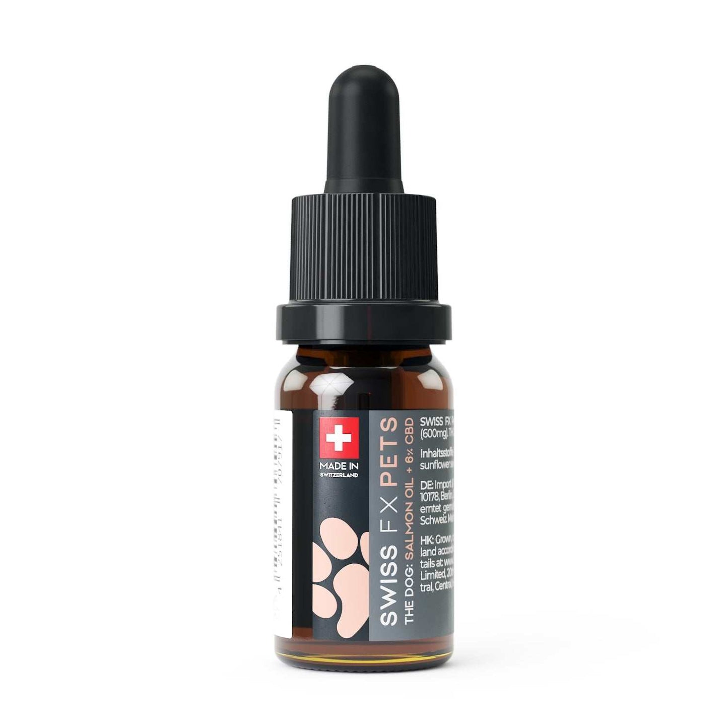 SWISS FX The Dog CBD oil with 6% CBD and salmon oil for pets in a 10ml dropper bottle