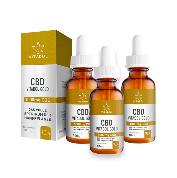 3 bottles of 3X Vitadol Gold CBD-Öl 10% 1000mg premium full-spectrum hemp oil pack
